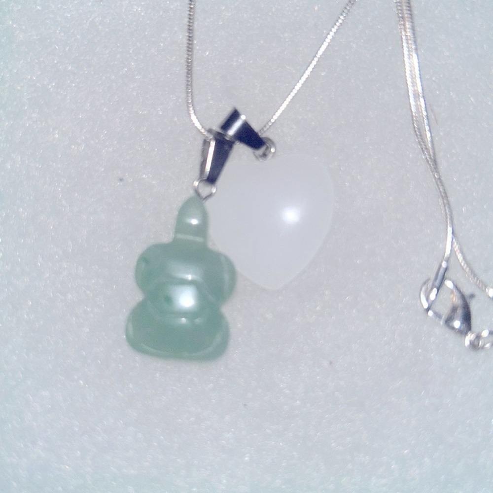 Quartz Crystal Heart ❤️ and Jade turtle 🐢 sterling silver 16” necklace